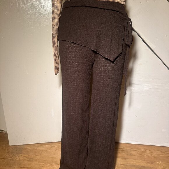 ZARA Brown Crinkle Knit Asymmetrical Tie Pants • Size Small - Picture 3 of 4